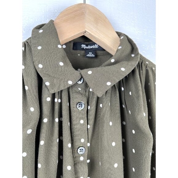 Madewell Central Drapey Popover Shirt in Grid Dot Olive Green Extra Small XS - Picture 5 of 16